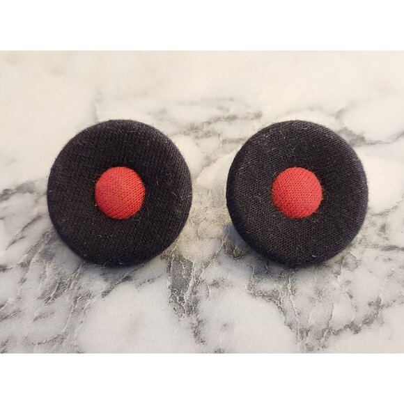 Vintage Button Stud Earrings With Red Center Black Outer Design - Picture 1 of 4